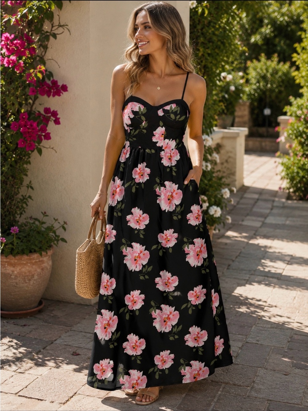 Band of Gypsies Black Maxi Dress with Pink Floral Print